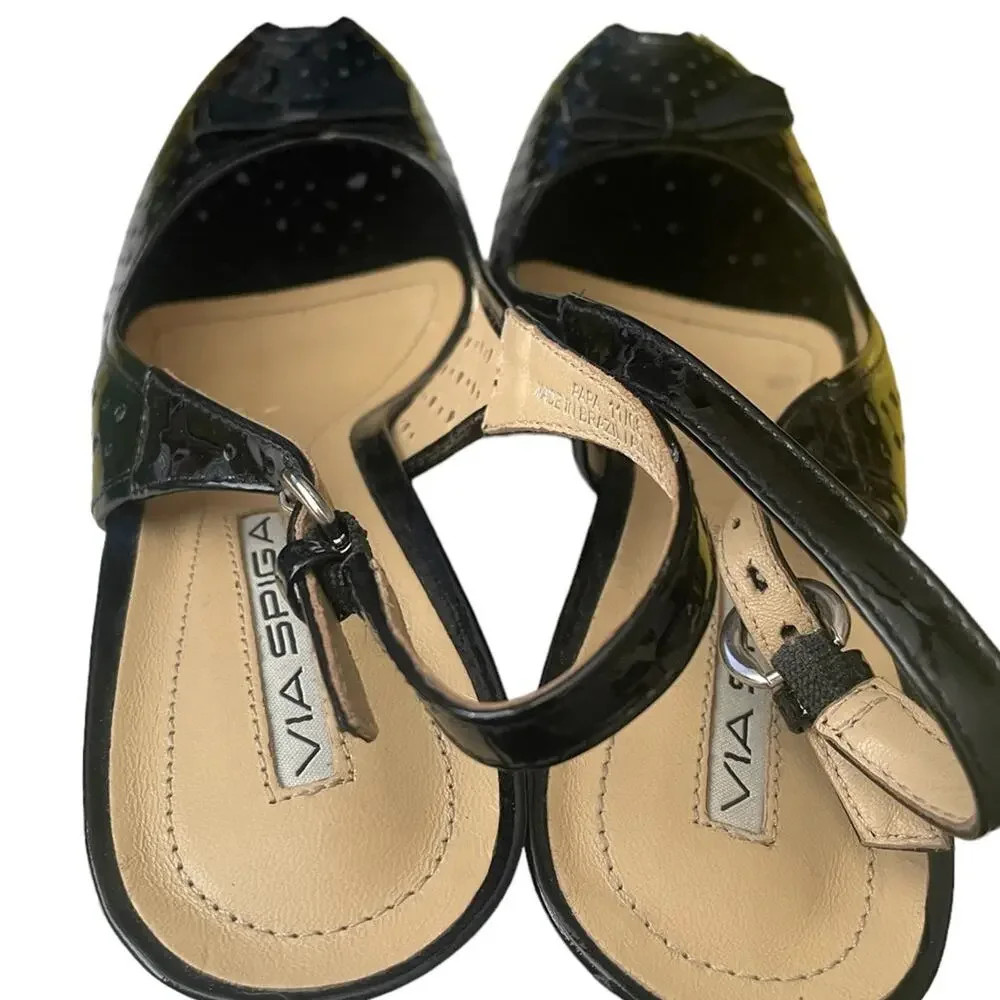 Via Spiga Sling Back Heels 9.5 Classic Perforated Leather Bow Peep Toe Black - Picture 4 of 9